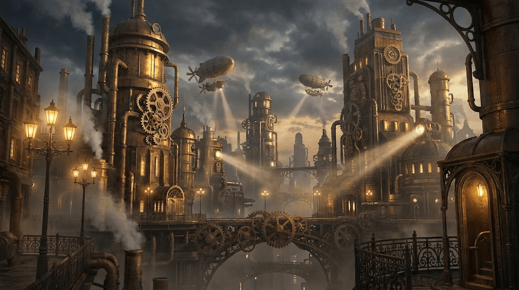 A highly detailed steampunk city at dusk, towering brass buildings with copper pipes, giant rotating gears, steam vents, airships floating between smoky clouds, warm golden light from Victorian street lamps, intricate mechanical details, retro-futuristic atmosphere, elegant Victorian architecture mixed with industrial machinery, cinematic composition, volumetric lighting, dramatic clouds, ultra-detailed, realistic textures, high contrast, 8k, concept art style