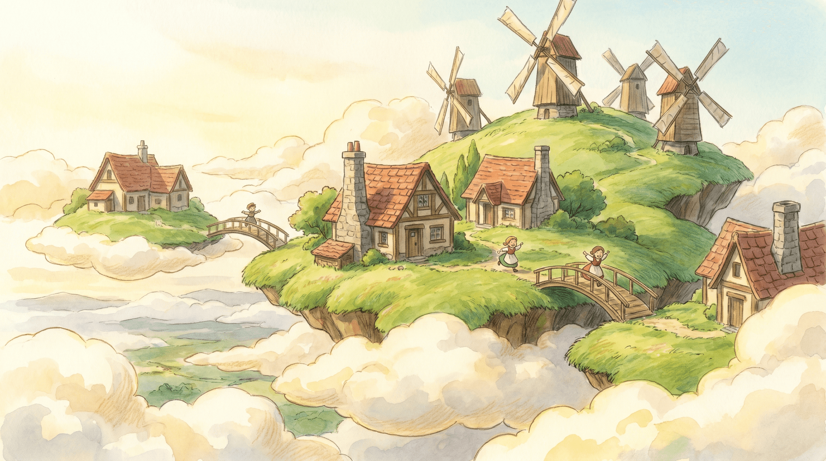 A magical countryside village floating above the clouds, warm morning sunlight, soft green hills, tiny houses with red roofs, windmills slowly turning, children running across wooden bridges, gentle clouds drifting below, cozy and nostalgic atmosphere, hand-painted animation background, soft colors, whimsical fantasy, peaceful and heartwarming, richly detailed, dreamy cinematic scene