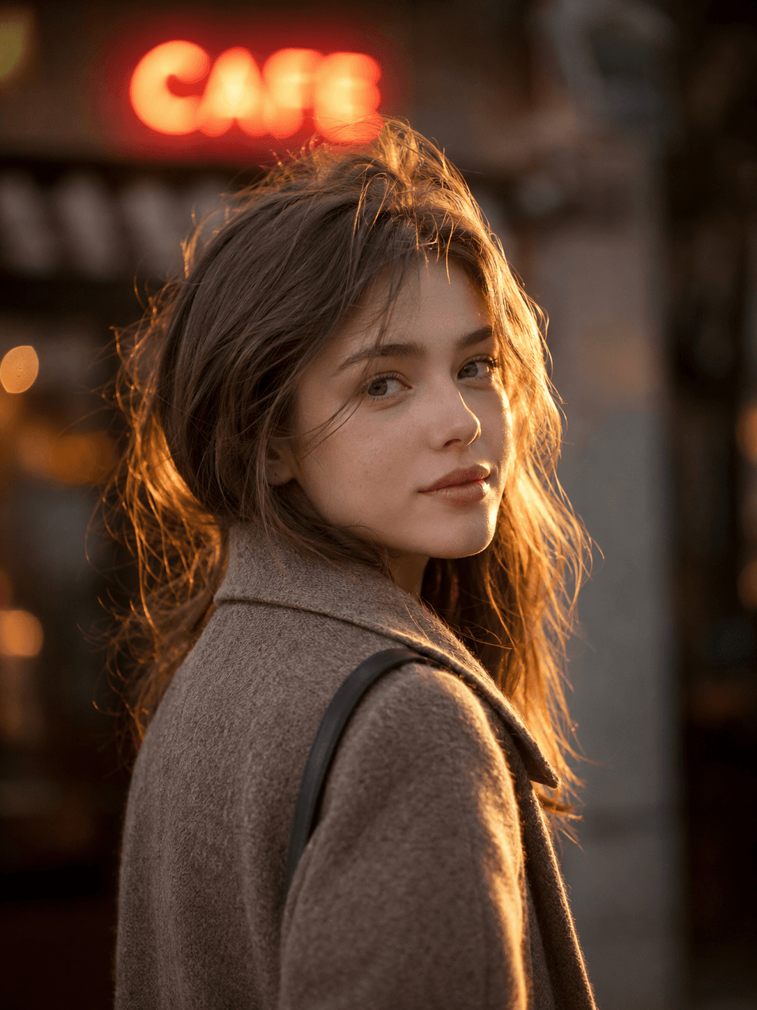 Subject: a young woman in a casual wool coat, half body, glancing toward camera
Style: cinematic realism, warm film tone
Composition: 85mm telephoto, shallow depth of field
Light: golden-hour, a glowing storefront neon sign reading "CAFE" in the blurred background, rim light on hair
Details: natural skin, windswept hair strands, no over-smoothing
Aspect ratio: 3:4 vertical