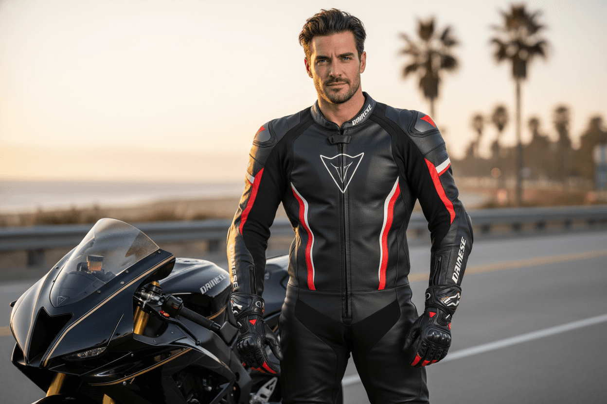 A muscular motorcyclist, dressed in a full Dainese suit, boots, and gloves, but without a helmet, is handsome, dashing, 30 years old, and sexy.