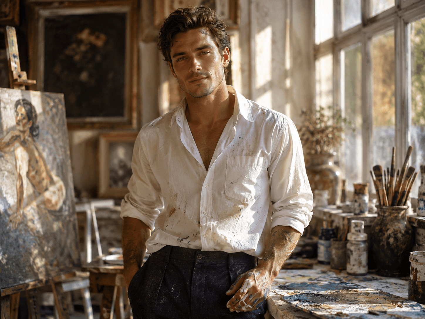 A handsome adult male artist standing in a sunlit painting studio, wearing a slightly loose white shirt with rolled-up sleeves and dark trousers, paint marks on his hands, warm afternoon light through large windows, canvases and brushes around him, calm confident gaze, tasteful romantic atmosphere, cinematic portrait photography, realistic, elegant and charming