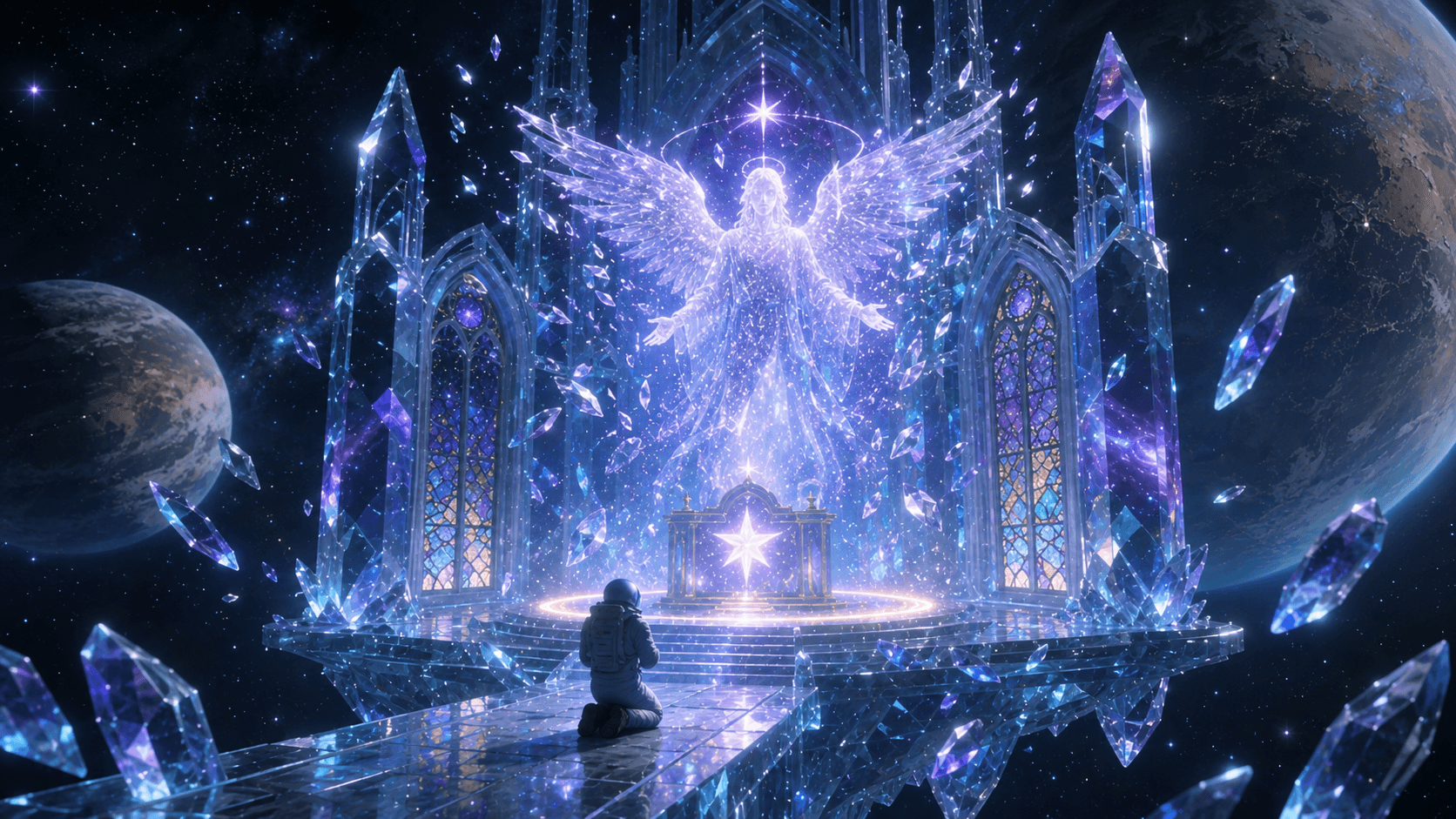 Keep the original crystal cathedral drifting in deep space, transparent glass towers, galaxy reflections, stained-glass windows, lone astronaut, glowing star altar, and massive planets outside. Add a radiant cosmic angel-like figure made of starlight and crystal fragments appearing above the altar, with soft violet-blue light illuminating the astronaut and cathedral floor. Add delicate floating glass shards orbiting slowly around the altar. Preserve the sacred sci-fi fantasy atmosphere, deep space background, cinematic lighting, and ultra-detailed crystal textures.