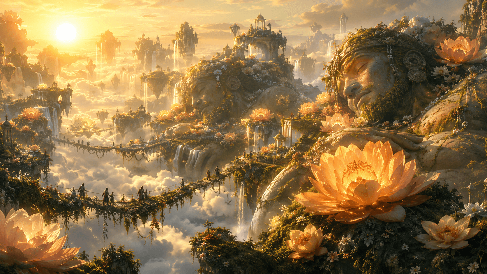 A breathtaking fantasy garden floating above the clouds, enormous ancient giants sleeping peacefully among colossal glowing flowers, waterfalls falling from cloud islands into the sky, tiny human explorers walking across vine bridges, golden sunrise light, soft mist, magical atmosphere, epic scale, highly detailed, cinematic composition, dreamlike fantasy concept art, 8k