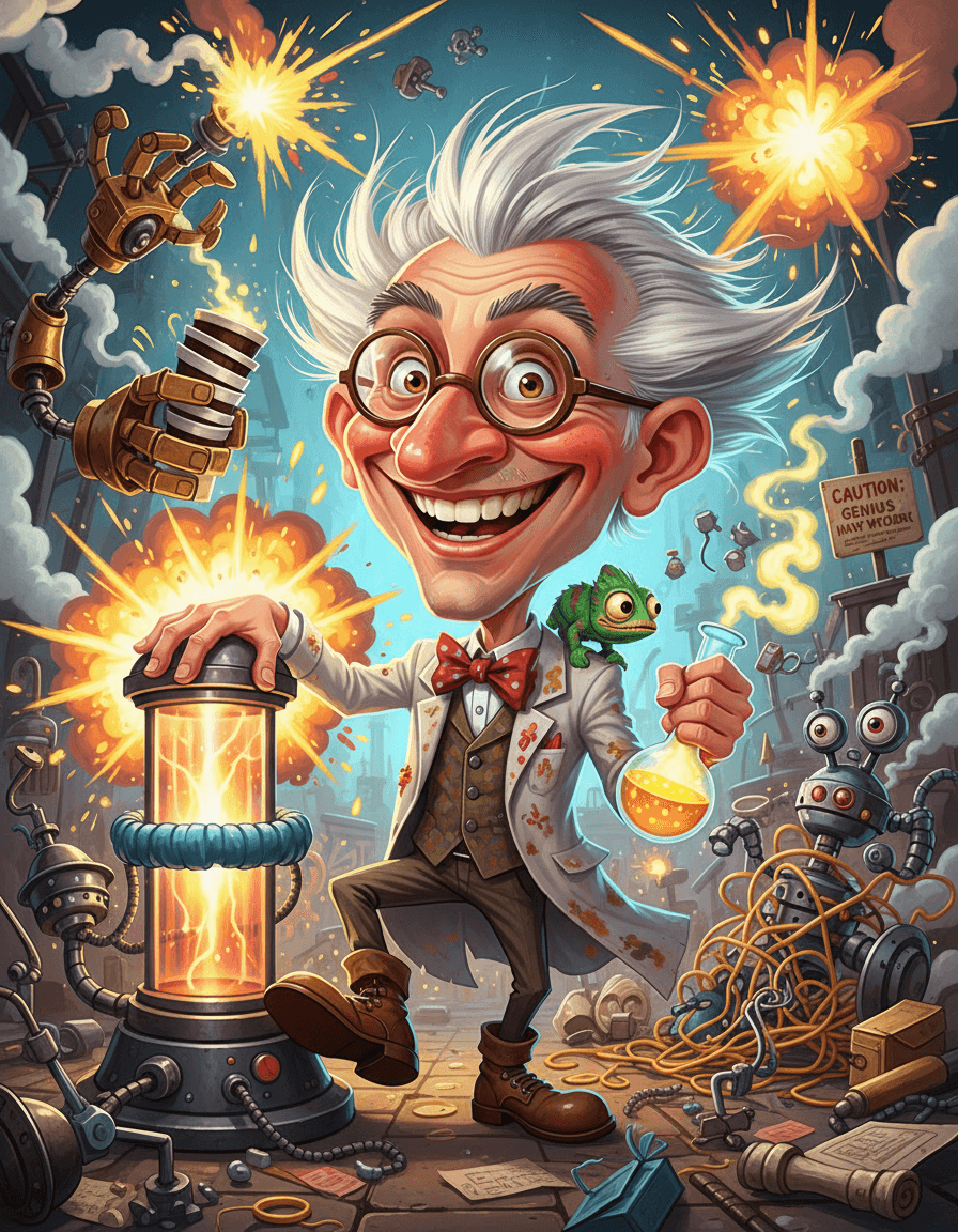 A stunning caricature-style illustration of an eccentric inventor standing proudly in a chaotic laboratory, huge expressive eyes, oversized head, wild hair, tiny round glasses, exaggerated confident grin, strange machines exploding with colorful sparks behind him, mechanical arms holding blueprints and coffee cups, humorous details everywhere, highly polished digital illustration, vibrant colors, dynamic composition, playful and charming