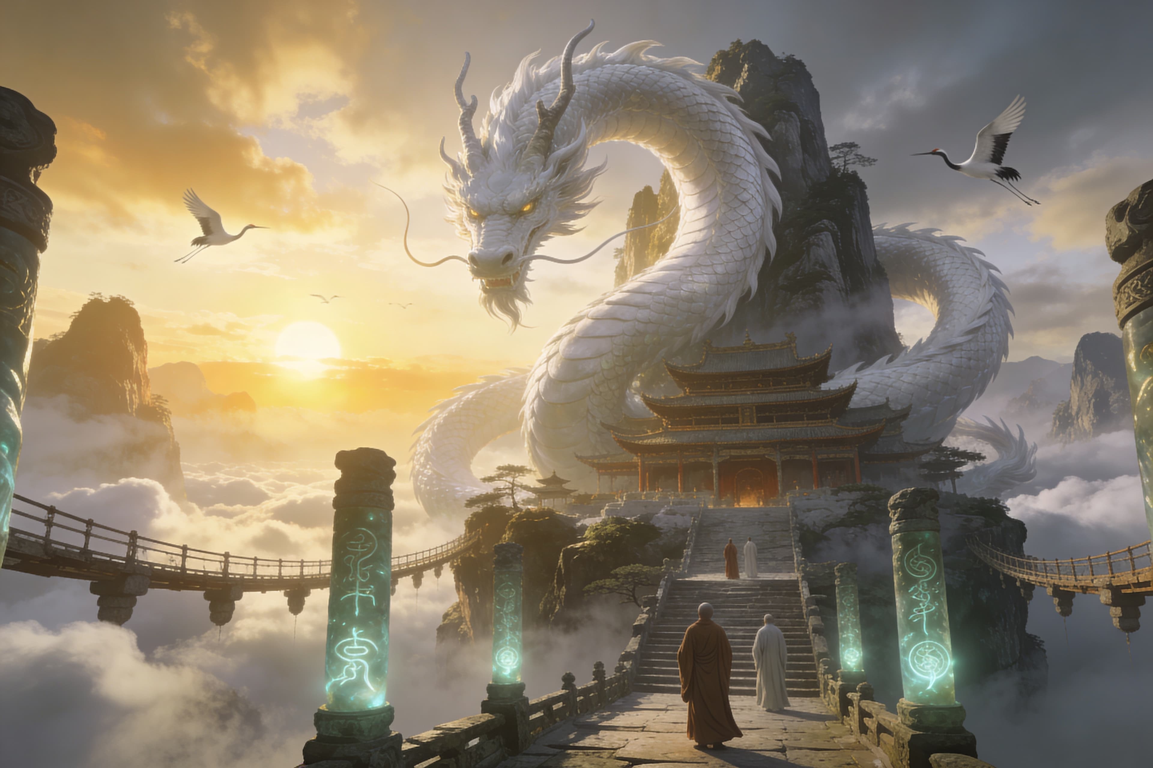 An epic ancient Eastern fantasy scene, a colossal white dragon coiling around a floating mountain temple above a sea of clouds, golden sunrise breaking through mist, ancient stone bridges suspended in the sky, monks in flowing robes standing silently on the temple steps, glowing runes carved into jade pillars, cranes flying through the clouds, majestic and mysterious atmosphere, cinematic composition, ultra-detailed, volumetric light, fantasy concept art, dramatic scale, 8k