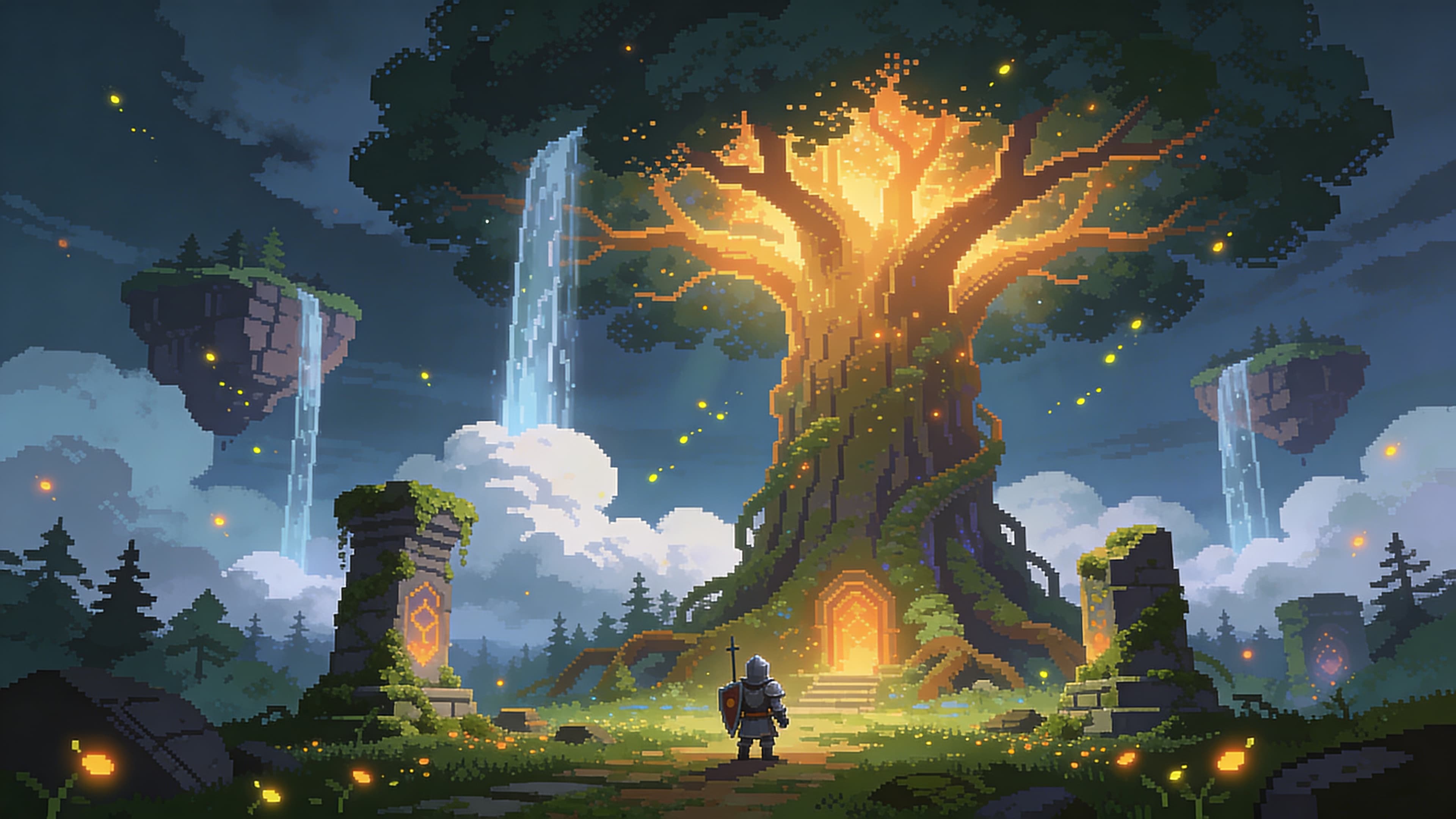 A breathtaking pixel art fantasy world, a tiny knight standing before an enormous glowing ancient tree, floating islands in the sky, waterfalls falling into the clouds, fireflies illuminating the forest, magical ruins covered in moss, rich color palette, detailed pixel art, atmospheric lighting, nostalgic 16-bit RPG style, cinematic composition, charming and epic