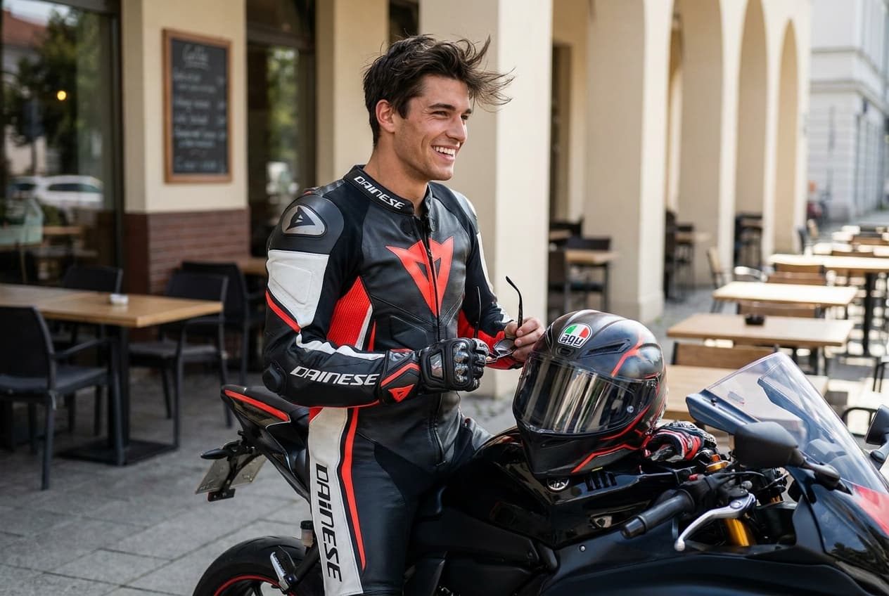 A muscular motorcyclist, dressed in a full Dainese suit, boots, and gloves, but without a helmet, is handsome, dashing, 18 years old, and sexy.