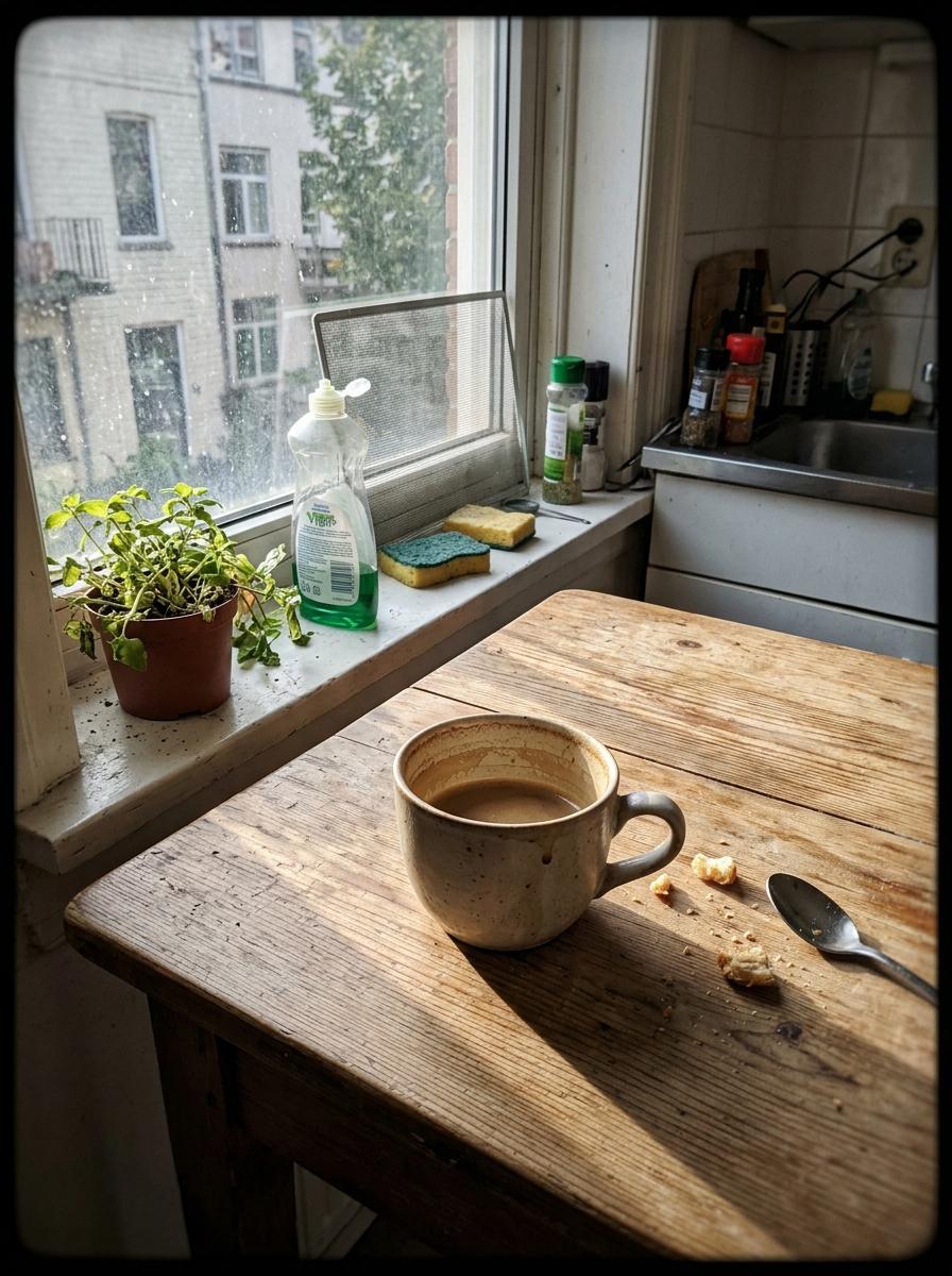 像手机随手拍的一张照片:下午四点的厨房窗台,一杯喝了一半的咖啡,窗外的光斜照在木桌上,有轻微的手持晃动感和自然的暗角,色彩不加修饰,真实日常,不像精修图。
