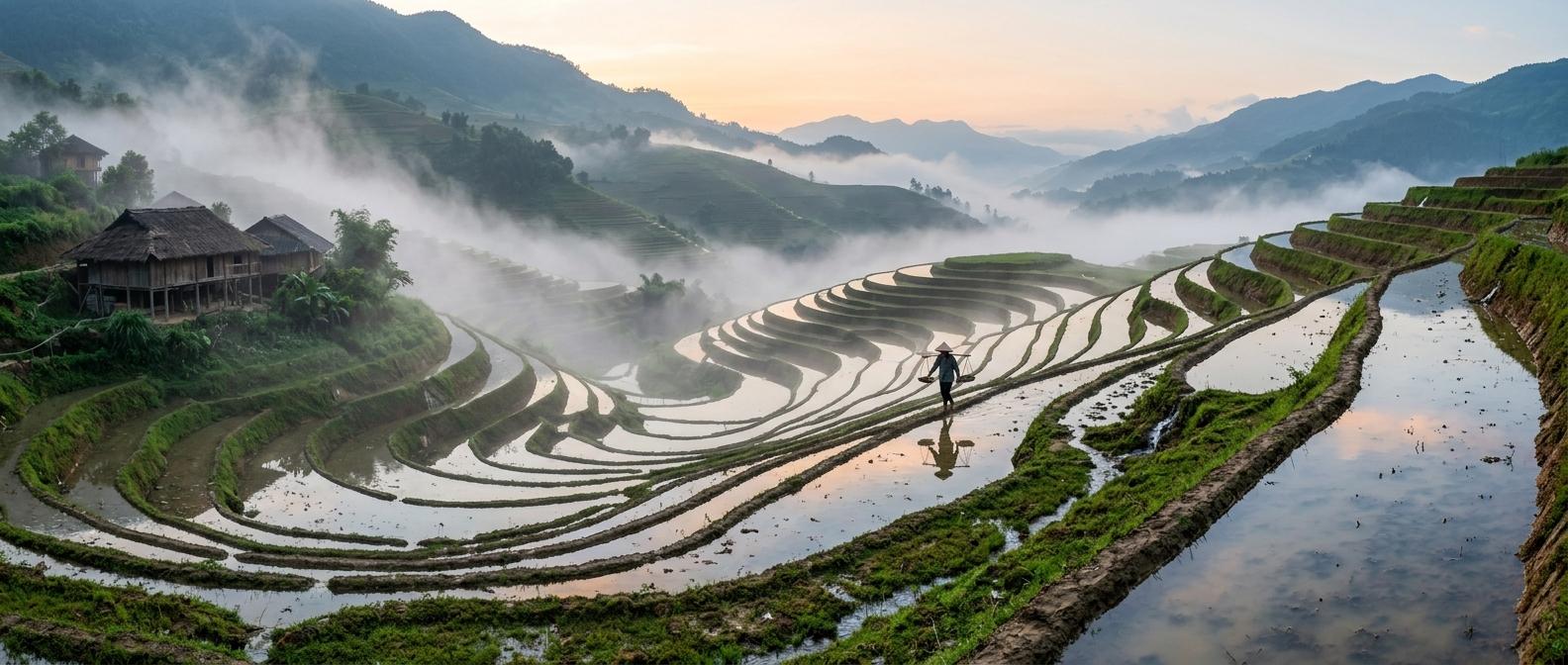 Panoramic view of rice terraces at dawn after rain, mist drifting through the valley, mirror-like flooded paddies reflecting a pale orange sky, a single farmer with a conical hat walking along a ridge in the middle distance, a few wooden stilt houses on the far left, soft diffused light, fine detail in the water reflections and terrace edges.