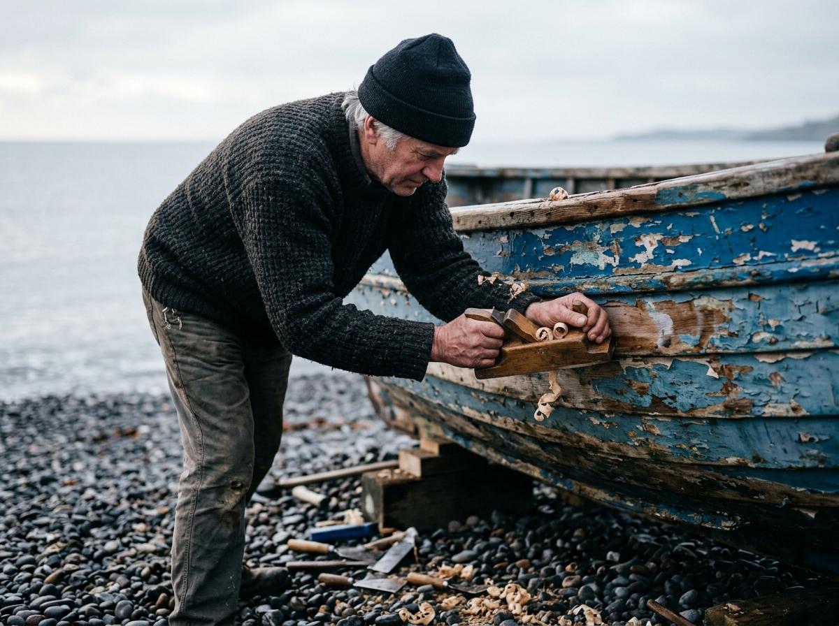 Candid photograph of a man in his sixties repairing a wooden fishing boat on a pebble beach, early morning side light, wool sweater, weathered hands holding a plane, boat hull in flaking blue paint, calm grey sea behind, shallow depth of field, 50mm lens, natural color.