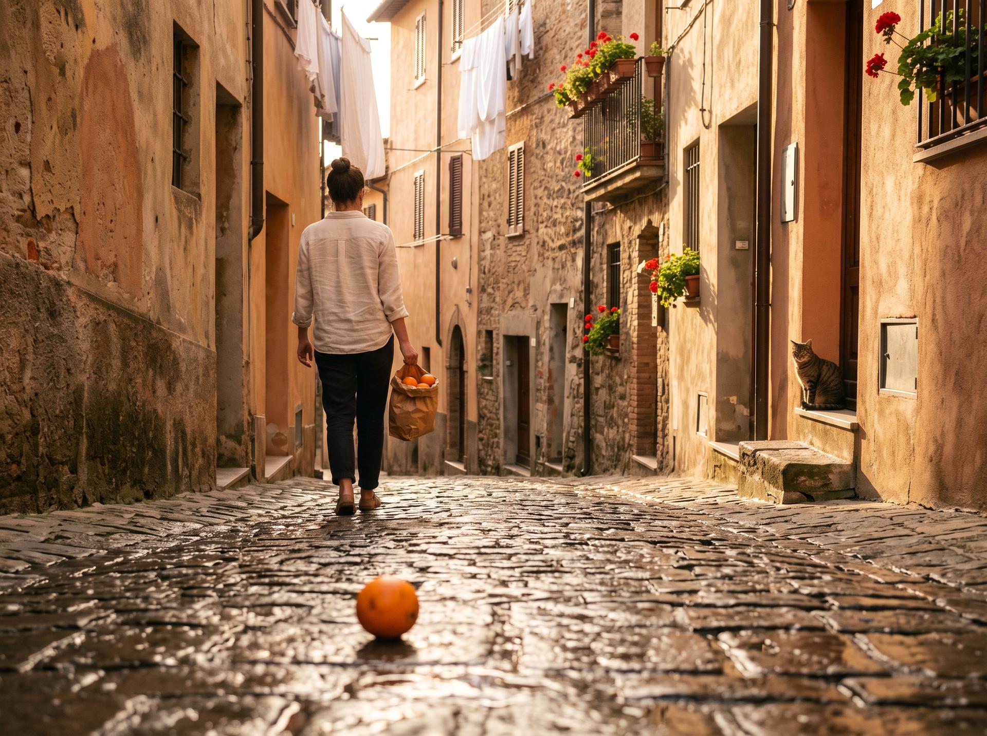 Editorial travel photograph, 4:3. A narrow cobblestone lane in an old Mediterranean hill town just after rain, late golden-hour sunlight raking across wet stones and ochre and terracotta walls. A woman in her thirties in a linen shirt walks away from the camera carrying a paper bag of oranges, one orange has fallen and rolls on the glistening cobbles in the foreground. Laundry lines with white sheets cross overhead, a tabby cat sits on a stone step, potted geraniums on a balcony. Shot on a 35mm lens, shallow depth of field on the orange, natural color, soft long shadows, fine texture in the stone and fabric, no text, no watermark.