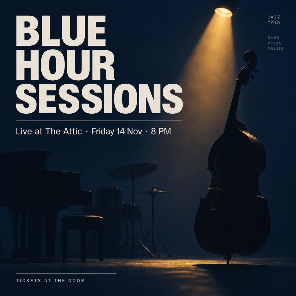 Minimalist concert poster for a jazz trio. Large headline text "BLUE HOUR SESSIONS", subheading "Live at The Attic · Friday 14 Nov · 8 PM", a small line at the bottom "Tickets at the door". Deep navy background, one warm amber spotlight, a silhouette of an upright bass. Swiss grid typography, clean sans-serif.