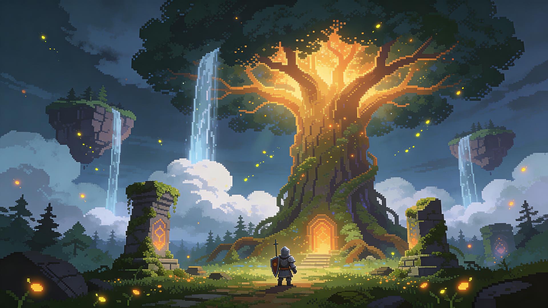 A breathtaking pixel art fantasy world, a tiny knight standing before an enormous glowing ancient tree, floating islands in the sky, waterfalls falling into the clouds, fireflies illuminating the forest, magical ruins covered in moss, rich color palette, detailed pixel art, atmospheric lighting, nostalgic 16-bit RPG style, cinematic composition, charming and epic